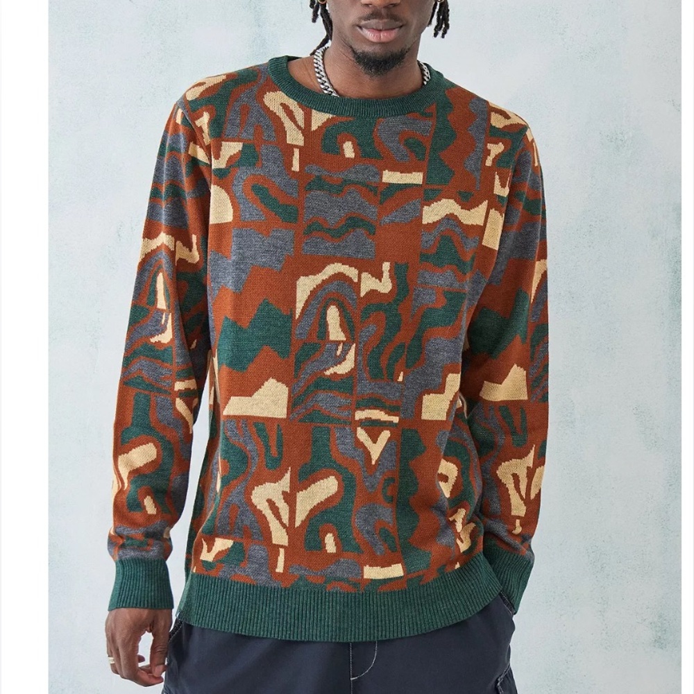 Kavu Men's Abstract funky Green and Brown Crewneck Sweater - Picture 2 of 7